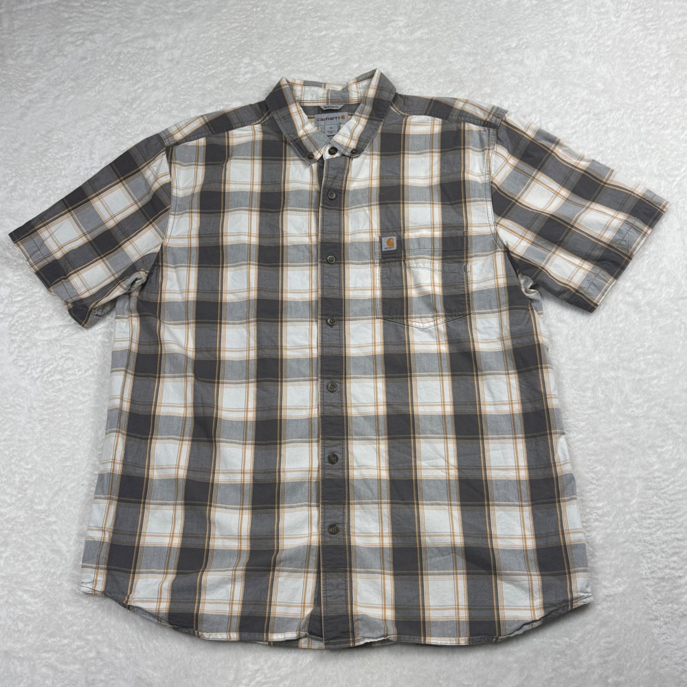 Carhartt Mens Relaxed Fit Plaid Short Sleeve Button Down Shirt Grey XL